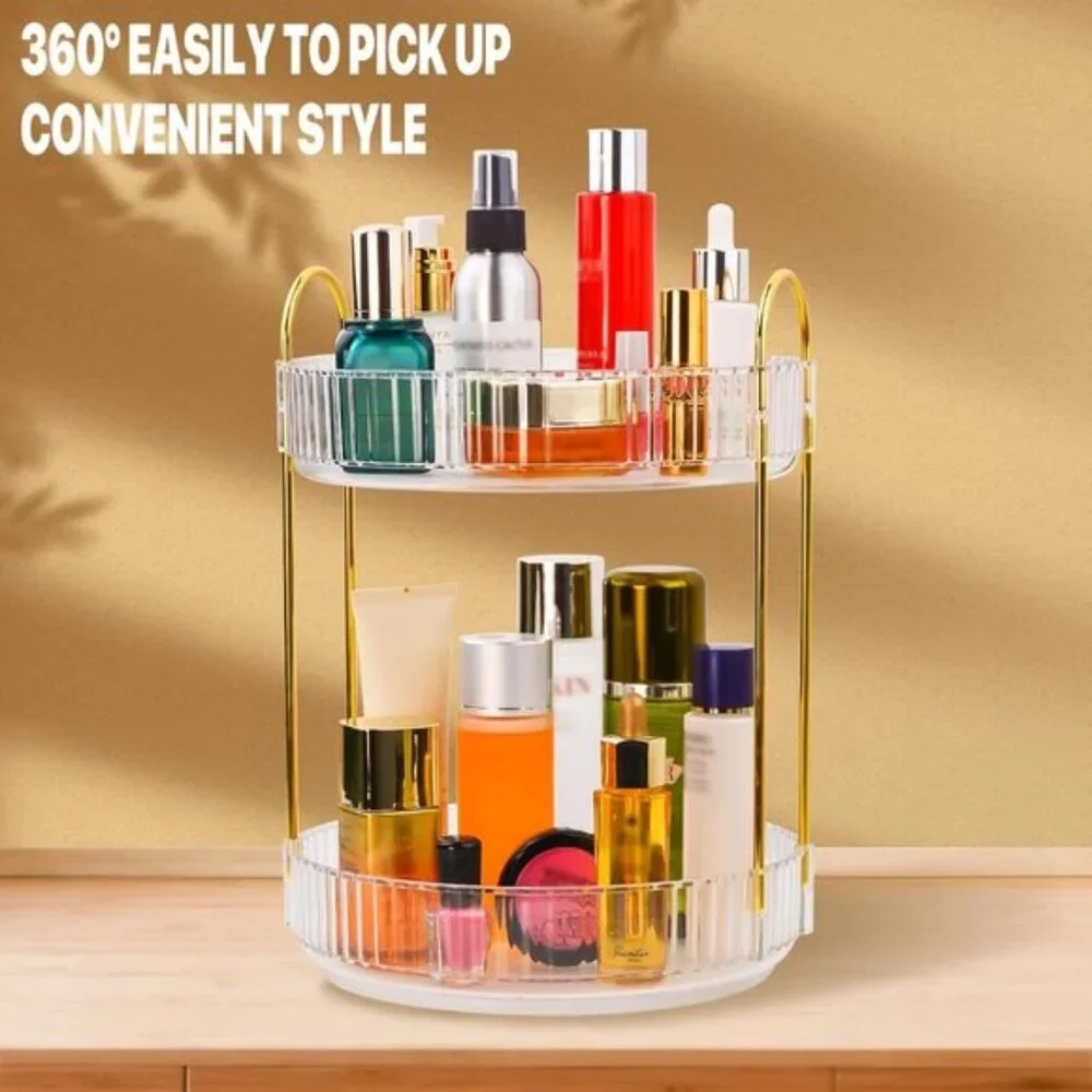 New 360° Spinning Makeup Organizer, 2-Tier Rotating Cosmetic Holder for Vanity